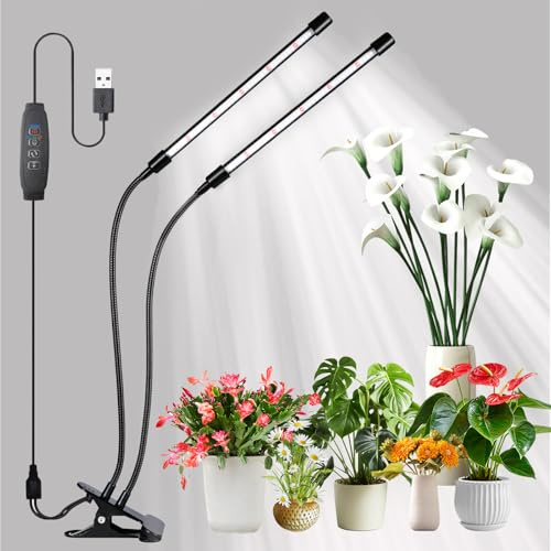 YAPJOY Grow Lights for Plants Indoor, Full Spectrum LED Plant Grow Light Strips, 2-Heads Growing Lamp with Clip, Auto On/Off Timing 3 9 12Hrs, LED Sunlike Grow Lamp for Hydroponics Succulent