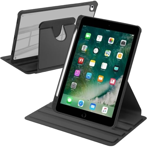 A-BEAUTY Custodia Rotante Compatibile con iPad (9,7 Pollici, 2018/2017 Modello, 6/5 Generazione) / iPad Air 2/Air 1, Antiurto Trasparente Cover, Auto Svegliati/Sonno, Nero