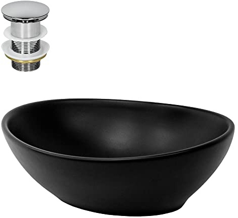 LuxeBath Waschbecken Keramik 410x335x145 mm oval Schwarz mit Ablaufgarnitur Silber, Aufsatzwaschbecken für Badezimmer/Gäste-WC, Aufsatzbecken modern, Waschtisch Waschschale Waschplatz Handwaschbecken