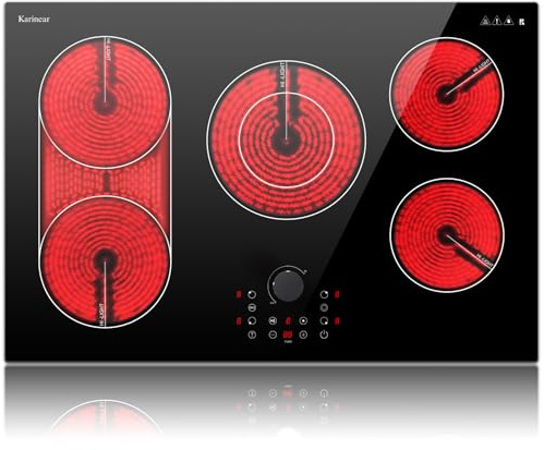 Karinear Electric Cooktop 30 Inch with Magnetic Knob, Bridge BBQ, 5 Burner Radiant Stove Top, 8600W 240V Built-in Hob, 9 Heat Levels, 99-Min Timer, Child Lock, Pause