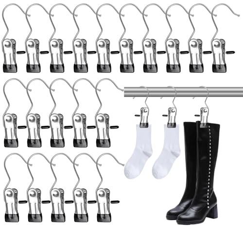 20 Stück Wäsche Haken, Edelstahl Wäsche Haken, Klammerhaken | Stiefelklammer, Wäscheklammern Edelstahl, Kleiderbügel Clip 360° Drehbarer, für Hosen, Schuhe, Handtuch, Schals, Mützen