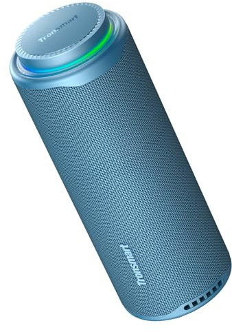 Tronsmart Altavoz Bluetooth portátil T8 para exteriores, 40 W más potente y claro, sonido de 360°, audio de 2.1 canales, IPX7, audio y luces personalizados, cordón portátil (azul)