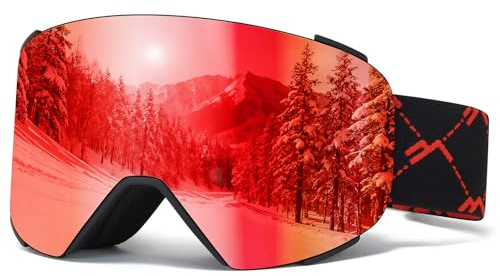 JQF Gear Skibrille Magnetisch OTG YH693C Skibrille für Unisex | Skibrillen UV-Schutz Anti-Nebel Vollständig Plattiertes REVO Verstellbarer Rutschfester Riemen,Snowboard Brille für Skifahren