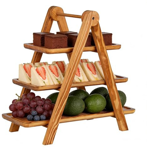 YOZAIUUI Wooden 3 Tier Serving Tray - Detachable Stand | Paulownia Three Tiered Cake Holder for Party Wedding Birthday Fruit and Dessert Display - Easy Assembly