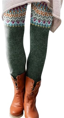 Leggings pour femme - Coloré - En coton - À motifs - Legging thermique - Doublure d'hiver - Longueur de jambe plus longue - Collants Fair Isle - Motif tricoté - Legging skinny - Pantalon thermique