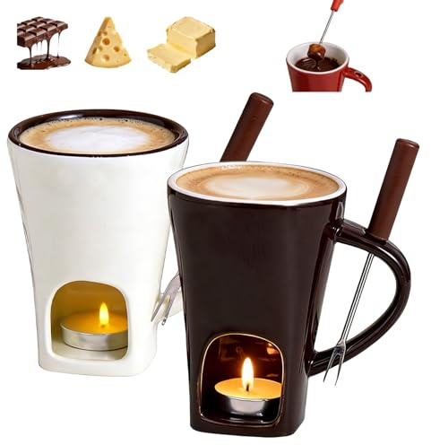 Chocolate Fondue Cup,Chocolate Melting Cup Set with Fork,Mini Ceramic Melting Mugs,Personal Chocolates Meltings Cups for Cheese Candy Desserts,Ideal Gift for Birthdays Anniversary (2Pcs B)