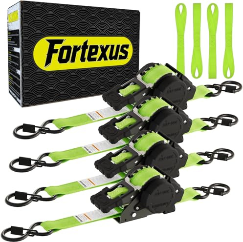 Fortexus Retractable Ratchet Straps,1'' x 12' Tie Downs Automatic Retractable Ratchet Straps 1760lb Break Strength for Trailer,Motorcycle,Scooter,Pickup Truck,UTV,Kayak(Neon Green,4 Pack)