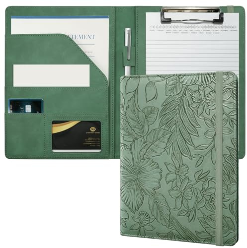 Mymazn A5 Padfolio for Women Small Padfolio Fits 5x8 Inch Writing Pads | Floral Green PU Leather Small Clipboard for Travel, Work & Meetings