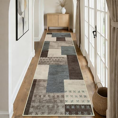 Edlbaegy Moderne Teppich läufer Flur，Küchenteppich Blau and Taupe 80x200cm | Waschbarer Teppichläufer, Weich Rutschfest, Kurzflor, für Schlafzimmer Büro Küche Flur