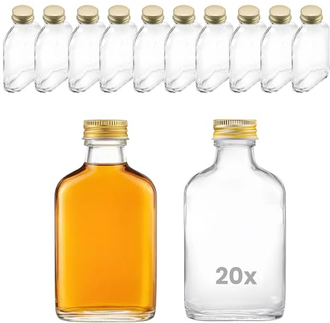 Devitre 20 botellas de cristal de 100 ml con tapa de rosca en color dorado y etiquetas