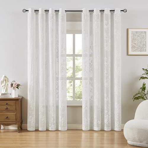 Treatmentex Weiße Gardine mit Blattmuster Wohnzimmer Vorhänge Transparent | 2er Set, H245 x B140 cm, Voile Gardinen, Gardinen mit Ösen, für Schienensystem, für Schlafzimmer Kinderzimmer Büro