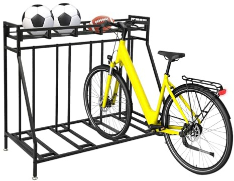 Oxylonty Soporte para 4 bicicletas con cesta y gancho, soporte de suelo de metal, ahorro de espacio, almacenamiento de bicicletas para garaje y sótano, color negro