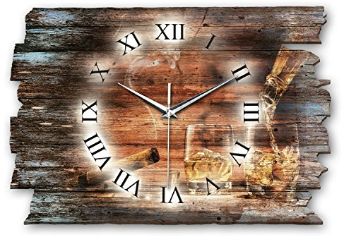 Kreative Feder Designer Wanduhr „Whiskey“ aus Holz 40x27cm im Shabby Style Design - Designeruhr mit flüsterleisem Uhrwerk ohne Ticken (Whiskey, leises Funkuhrwerk)