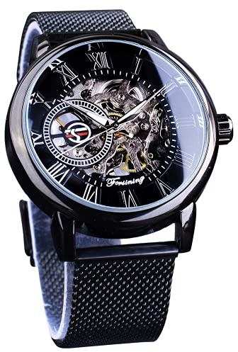 FORSINING Skelettklocka för män, steampunk-klocka, svart mekanisk klocka för män, minimalistisk retrodesign, mekaniskt skelett, armbandsur transparent affärsnät band klocka
