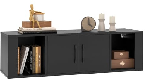 Giantex Wall Mounted Storage Cabinet 2 Cube Floating Media Hanging Desk W/2 Doors and 2 Open Shelves, Home Office Furniture for Kitchen, Bathroom, Living Room Floating Console Hutch (Black)