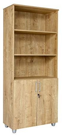 furni24 Aktenschrank mit Zylinderschloss–Oben offen, 3 verstellbare Regalfächer, unten 2 verstellbare Regalfächer mit Doppeltür und Ganzmetallscharniere, abschließbarer Holzschrank-Eiche, 190x80x40cm