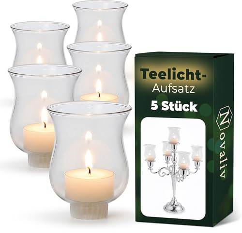 5 Stück Novaliv Teelichtaufsatz klar 8 cm Glasaufsatz für Kerzenleuchter Kerzenständer Glas Adventskranz Teelichthalter Stabkerzenhalter Kerzenpick