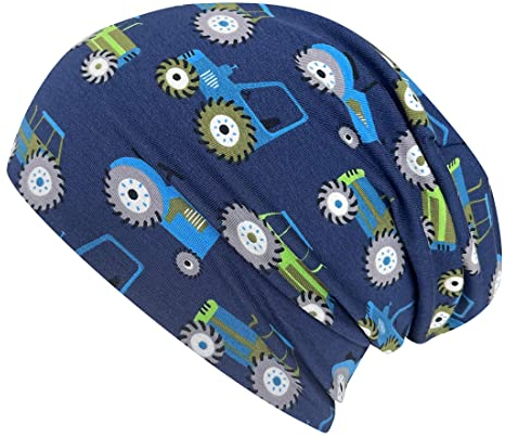 Wollhuhn Kinder Beanie – Zweilagige Longbeanie aus Jersey, wendbar & weich – innen grau – Handmade in Deutschland – ganzjährig (DE/NL/SE/PL, Numerisch, 52, 54, Traktor/Trecker Dunkelblau)