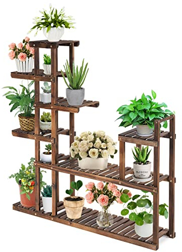 RELAX4LIFE Blumenständer Holz, platzsparender Pflanzenständer mit Ablagen, freisthendes Pflanzenregal, stabiles Blumenregal mit modernem Zaun-Design, für Wohnzimmer & Balkon & Garten (7 Etagen)
