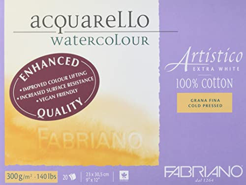 Fabriano Artistico Acquarello Watercolour, extra weiß, Feinkorn cold pressed, 23 x 30,5 cm, 20 Blatt 300 g/m², hochwertiger Künstler-Aquarellkarton, Block 4-seitig geleimt, vegan