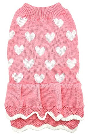 Haustier Hund Lange Pullover Kleid Herzmuster Hundebekleidung Strick Rollkragenpullover Warme Winter Welpen Chihuahua Pullover Kleider,Rosa,M