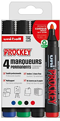 Uni Prockey - UNI-BALL - Uni Mitsubishi Pencil - Marqueur Permanent Inodore PM122 - Multisupport, Base Eau, Sans Odeur - Pointe Conique Moyenne 1,2-1,8 mm - Emballage Zéro Plastique, Lot de 4 Couleurs
