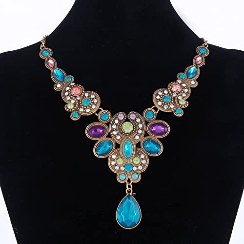 PAIHUIART Halskette Ketten Schmuck Herren Frauen Anhänger Necklace Blaue Kristall Halskette Für Frauen Retro Gold Statement Maxi Halsketten Anhänger Tribal Indian Style