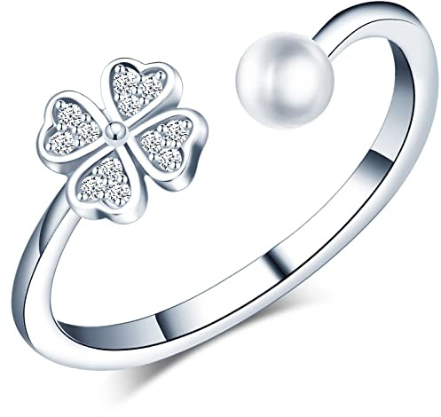 MicLee-Anillo de Mujer Plata de Ley 925 Trébol Perla Set Anillo Abierto Boda Compromiso Propuesta Aniversario Tamaño Ajustable