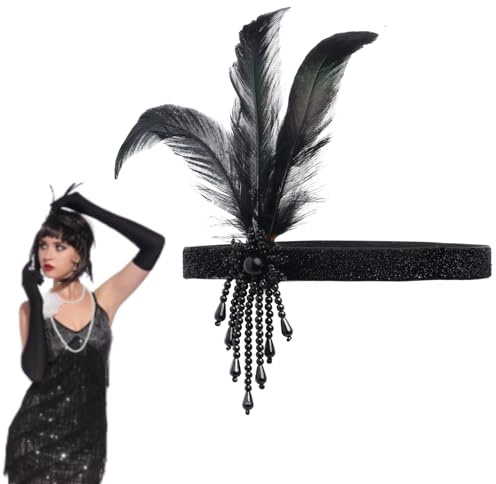 Cerioll Vintage Haarbänder Schwarze, 1920s Damen Feder Stirnband, Jahre Feder Haarband, 1920er Vintage Schwarzer Feder Kopfschmuck, Feder Flapper Stirnband 20er, 1920er Jahre Flapper Feder Stirnband