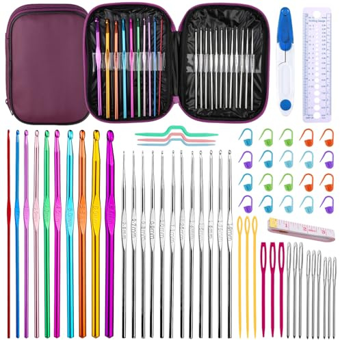 Ruasol Set di 60 accessori per uncinetto, ganci e aghi per maglieria ergonomici con scatola di immagazzinaggio, strumenti fai da te per principianti