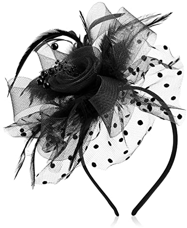 Sibba Damen Fascinator Hut Blume für Damen Mädchen, Damen Mesh Federn Stirnband Tea Party Clip Kopfschmuck Haar Ascot Stirnband Zubehör für Party Kirche Hochzeit Cocktail, Schwarz