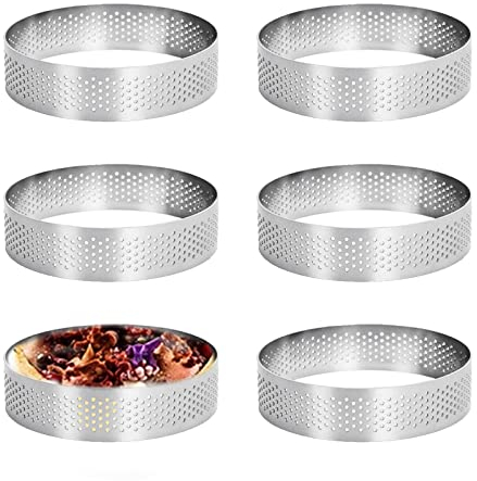 Jetisva 6 Pcs Perforated Tart Ring Stainless Steel Pastry Rings 8cm Heat-Resistant Porous Cake Mousse Ring, Metal Circular Tart Rings for Baking Dessert Ring DIY Porous Crumpet Rings, Muffin Rings
