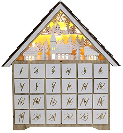 Pioneer-Effort Weihnachts-Adventskalenderhaus aus Holz mit 24 Schubladen und LED-Lichtern, Dorf- und Waldszene Countdown bis Weihnachten, wiederverwendbare Dekoration, 41 x 7 x 45 cm