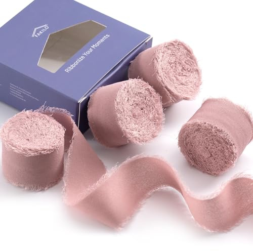 Chiffon Band Seidenband Altrosa, FAKILO 18,3 Meter ChiffonBand 25mm Dünn fransen chiffon seidenband für Hochzeit, Hochzeitsstrauß und Geburtstag Geschenk, Tischdekoration