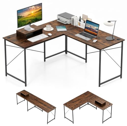COSTWAY Bureau d'angle en L Réversible avec Support de Moniteur, Poste de Travail Industriel pour 2 Personnes avec 3 Trous de Câble, Assemblage Facile, 150 x 150 x 74 cm (Marron Rustique)