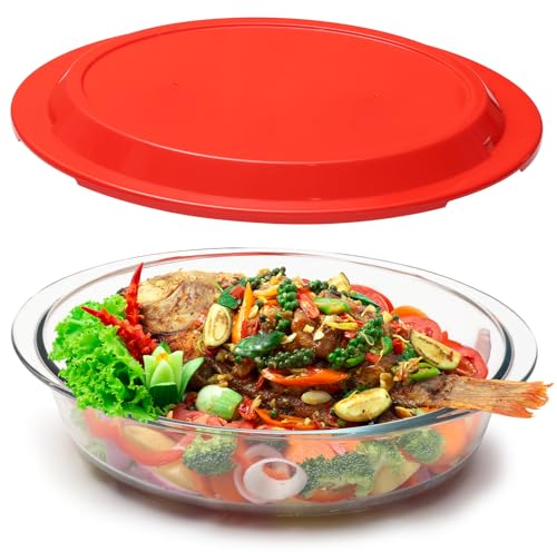NUTRIUPS Cacerola ovalada de 3,4 L con tapa de plástico, 34 x 24 x 10,5 cm, plato de horno de vidrio, fuente profunda para hornear
