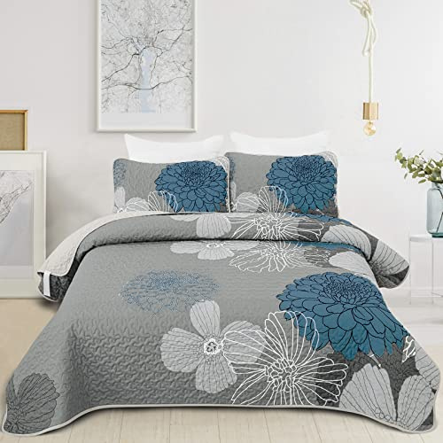 WONGS BEDDING Couvre-lit 200x220 Bleu Fleurs Dessus-de-lit Couverture d'été Douce Couette Matelassée pour Lit Double Microfibre Couette avec 2 Taies d'Oreiller 50x75