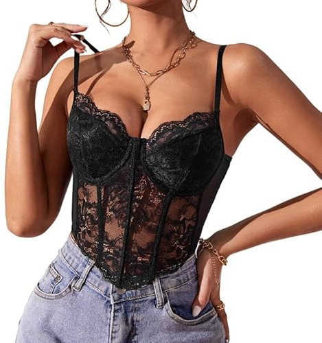 Haibang Debardeur Femme Eté en Dentelle Sexy Col en V Haut Court Chic Bretelles Spaghetti Crop Top Coupe Ajustée Corset Dentel Cami Tank Tops Chemisier Mode Streewear Clubwear