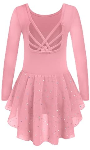 Arshiner Ballettkleidung Mädchen Baumwolle Langarm Ballettanzug Rosa Kinder Tanzkleid Ballett Outfit Ballettkleid Pailletten Tütü 130/3-4 Jahre