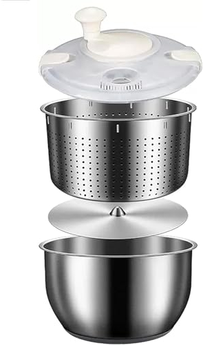 Centrifuga per insalata in acciaio inox da 6 l, lavaverdure grande in acciaio inox, coperchio girevole, cestello di scarico in acciaio inox, facile da pulire, per lavatrice frutta, centrifuga per past