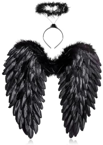 Sunshine smile 60CM Engelsflügel Schwarz mit Heiligenschein,Federflügel Engel Kostüm,Engelsflügel für Damen,Party Fasching Kostüme Deko,Kostümparty Verkleidung