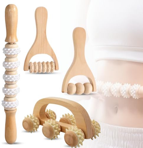 YILINNA 4 Pack Wood Therapy Massage Tools Handheld Wooden Body Massager Back Massage Muscle Roller Tool Neck Shoulder Arms Legs for Body Stress Relief