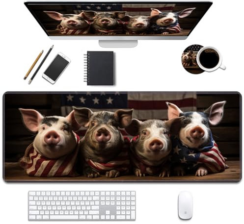 Schreibtischunterlage, Gaming-Mauspads mit Untersetzern, genähte Kanten, XL-Mauspad für Laptop, Computer, lustiges Schweinchen, verpackt in amerikanischer Flagge, Schreibtischunterlage für Büro und