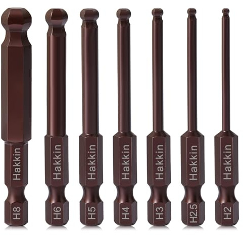 Ball End Allen Key Bit Set Hakkin 7Pcs Hex Allen Wrench Bit Set | 1/4” Hex Shank S2 Steel Hex Key Set Metric H2-H8 Redness Hex Bit Set for Furniture Assembly