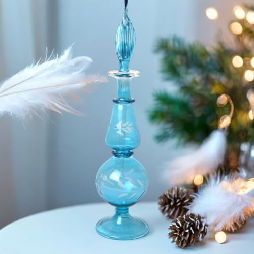 Blue Blown Glass Perfume Bottle Gift | Handmade Fragrance Decanter | Decorative Engraved Glass Bottle for Oils | Egyptian Refillable Glass Bottle for Perfume | Cologne Glass Bottle | Glass Ornaments