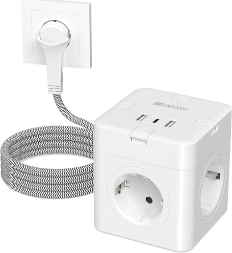 Steckdosenwürfel mit Einzeln Schalter, 4 AC Steckdosen Würfel mit Flachstecker, 7 in 1 Power Cube mit 2M Geflochtenem Kabel, Steckdosenleiste Würfel mit USB, Steckdose für Büro & Reisen – Weiß