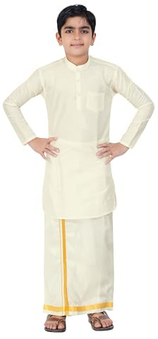PRAKASAM COTTON Jungen Art Silk Long Sleeve Kurtha with Stitched Faux Silk Dhoti for Boys