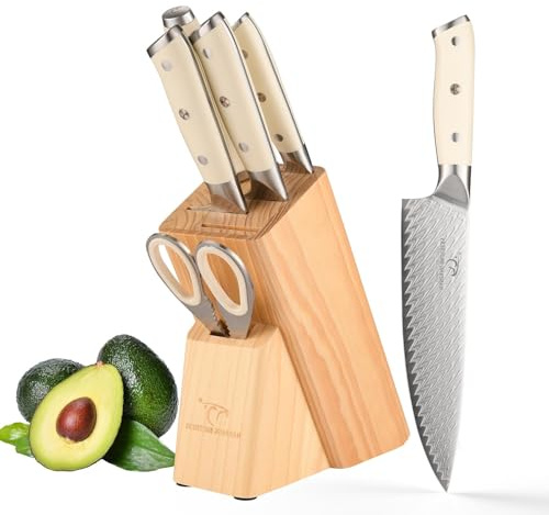 NANFANG BROTHERS Knife Set, 6 Piece Damascus Kitchen Knife Set with Block, VG10 Steel Core with HRC 60 ± 2 Hardness, with Cooking Shears, Perfect Knife Gift