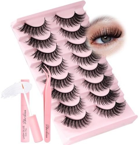 Ahrikiss Lashes Fluffy False Eyelashes Cat Eye Lashes 8 Pairs Faux Mink Lashes Full Strip Lashes Kit with Lash Glue and Lash Tweezers Soft Fake Lashes Lightweight Eyelashes (Fancy)