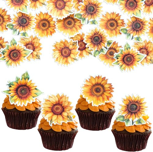 Gyufise 48Pcs Edible Sunflower Cupcake Toppers Edible Flowers Cake Decorations Edible Paper Sunflower Party Decorations for Baby Shower Sunflower Birthday Party Cake Toppers Food Decorations Supplies